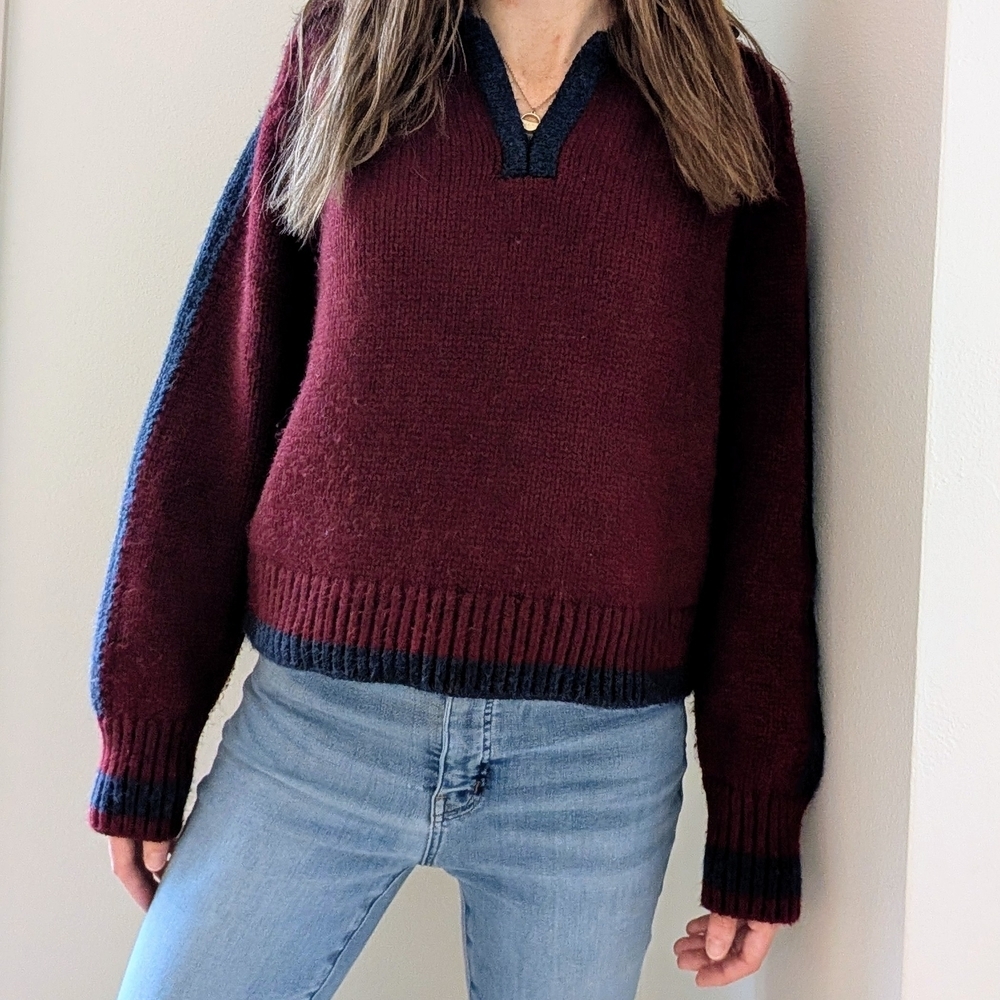 Zara Chunky Polo Striped Trim V-neck Knit Sweater In Burgundy/Navy - L